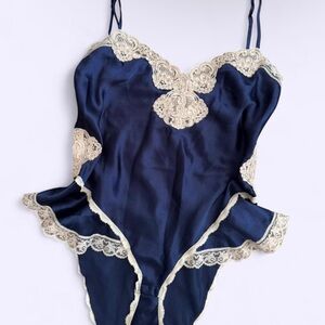 Vintage Delicates Navy Satin Lace Bodysuit French Cut Ruffle Hips S